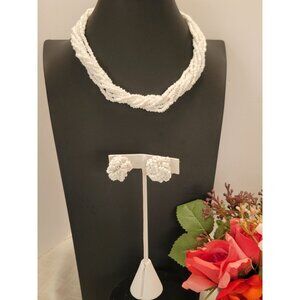 Vintage Multi-Strand Wedding White Beaded Choker Necklace & Clip-On Earrings Set